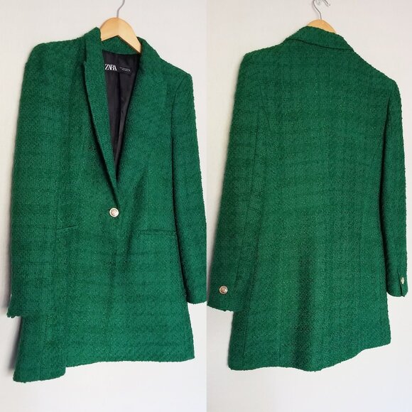 Zara Tweed Textured Long Structured Blazer in Kelly Green M Classic Preppy $149 - Picture 5 of 16